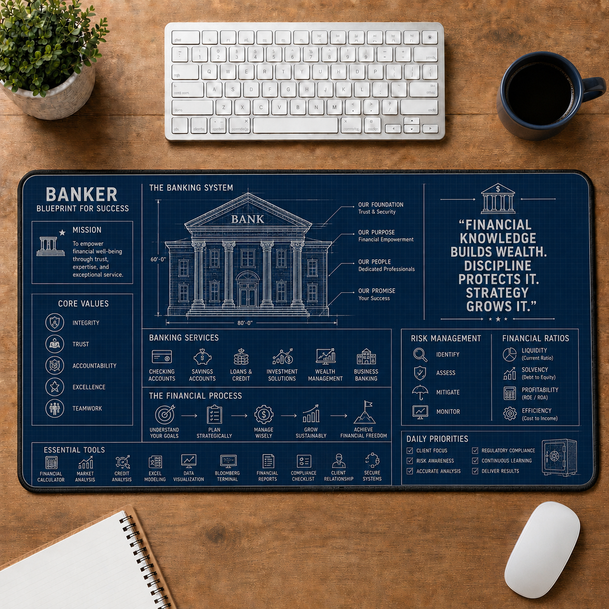 Accountant Blueprint Large Desk Mat - Financial Spreadsheets & Calculator Plus Size Mouse Pad - 5to9vibe