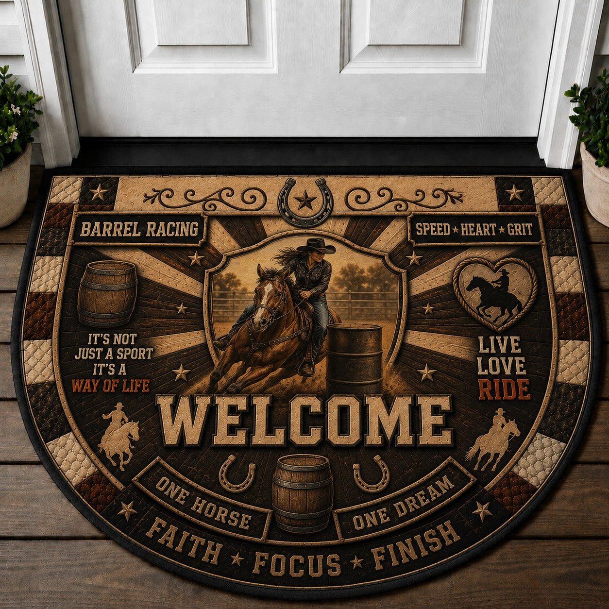 Western Horse Lover Quilted Print Premium Welcome Mat – Personalized Doormat