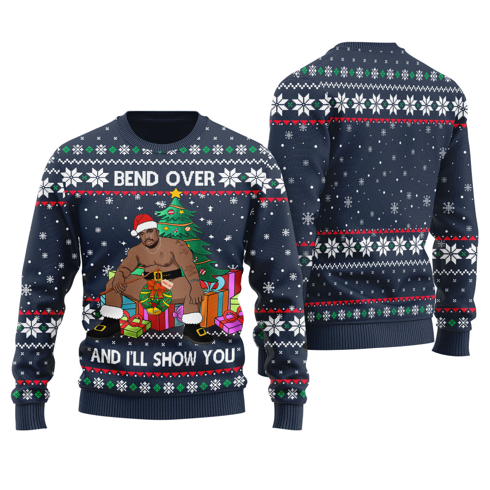 Barry Wood Bend Over And I Will Show You Ugly Christmas Sweater Men Navy - Funny Ugly Christmas Sweater