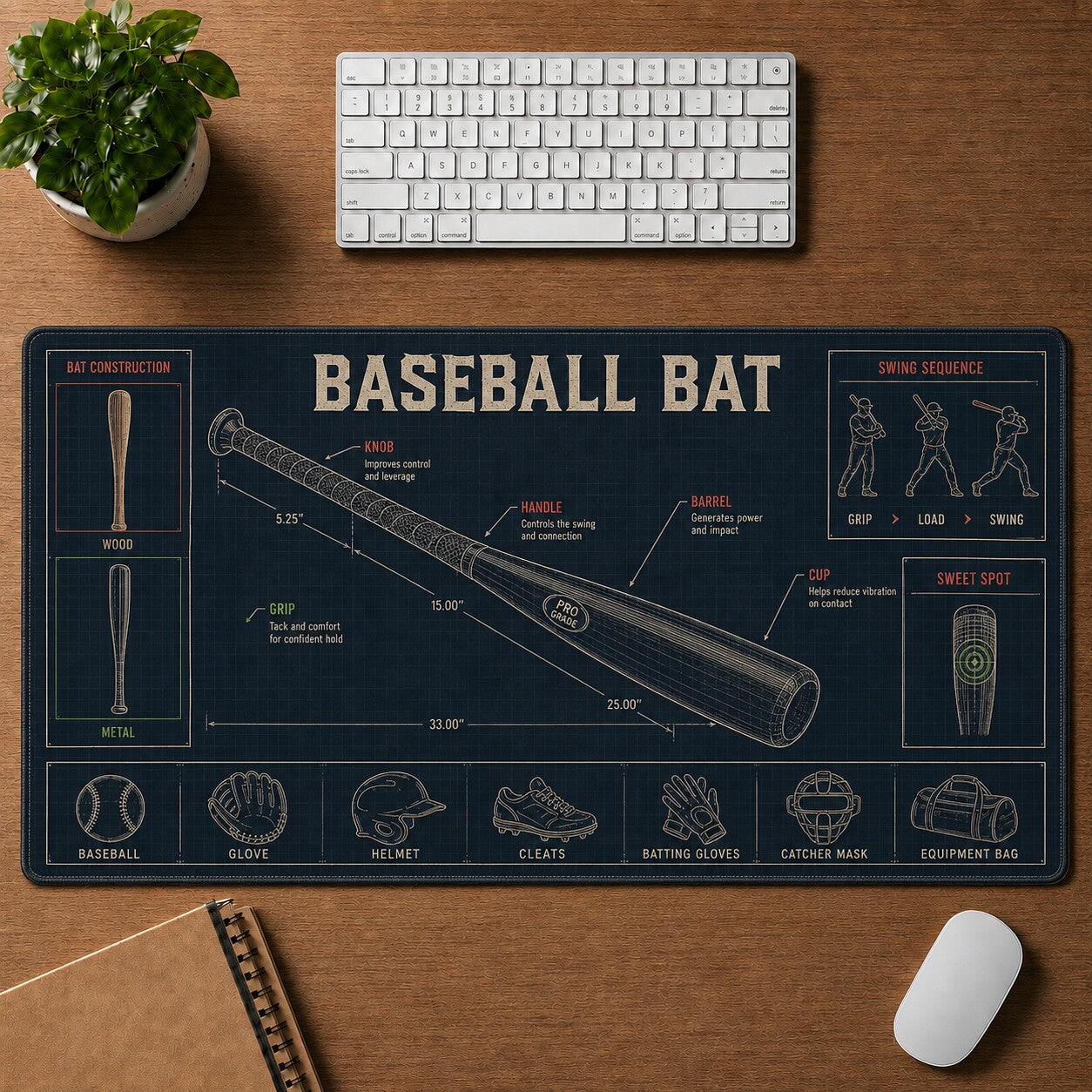 Baseball Bat Baseball Blueprint Desk Mat | 5To9Vibe