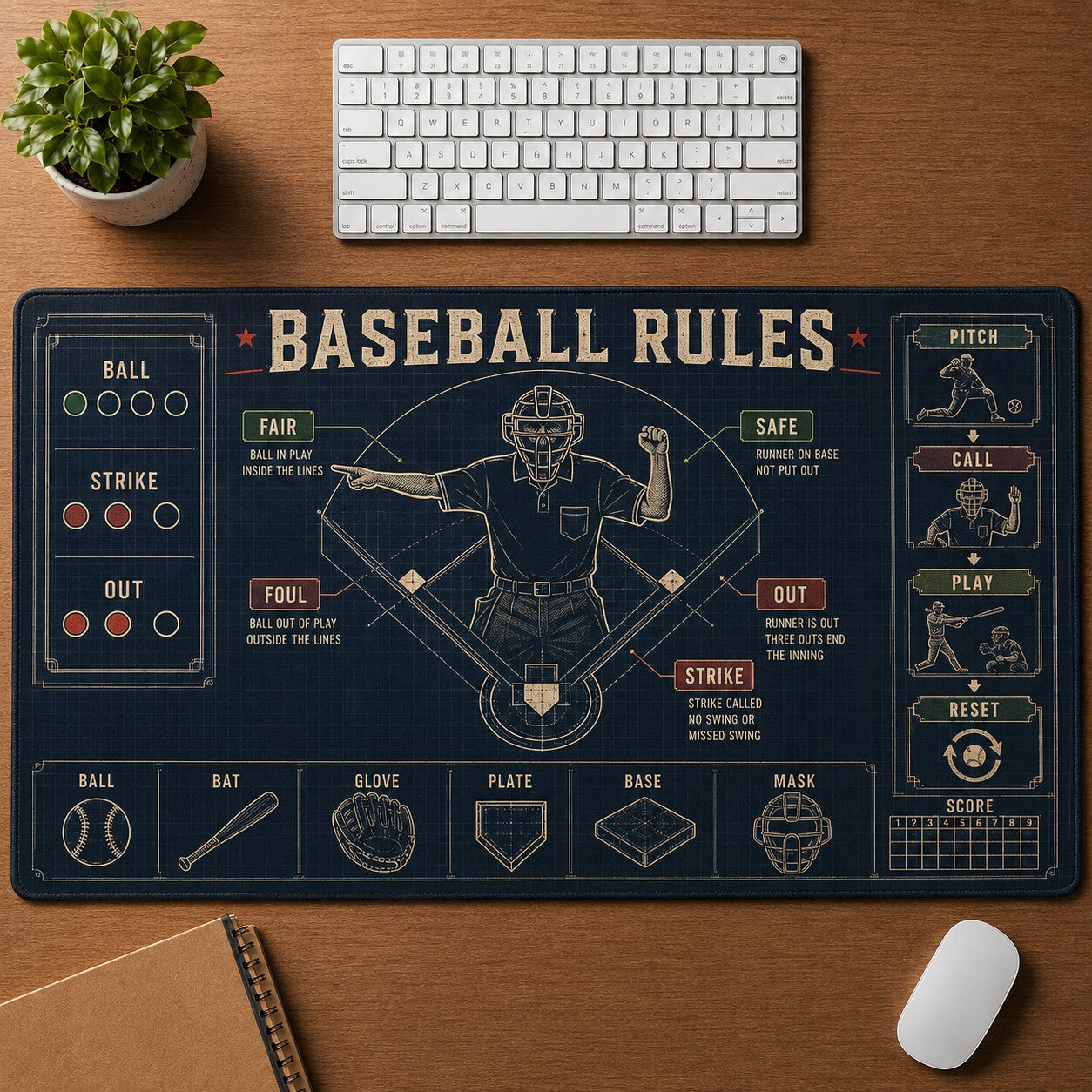 Baseball Rules Baseball Blueprint Desk Mat | 5To9Vibe