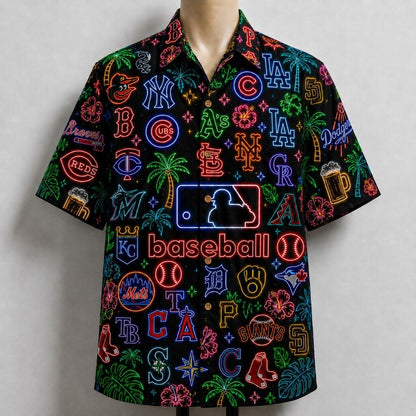 All Baseball Teams Neon Vintage Pattern Vibe Summer Party Button-Up Unisex Hawaiian Shirt For Men and Women
