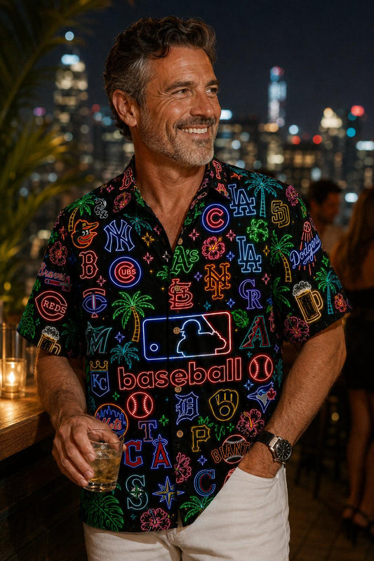 All Baseball Teams Neon Vintage Pattern Vibe Summer Party Button-Up Unisex Hawaiian Shirt For Men and Women