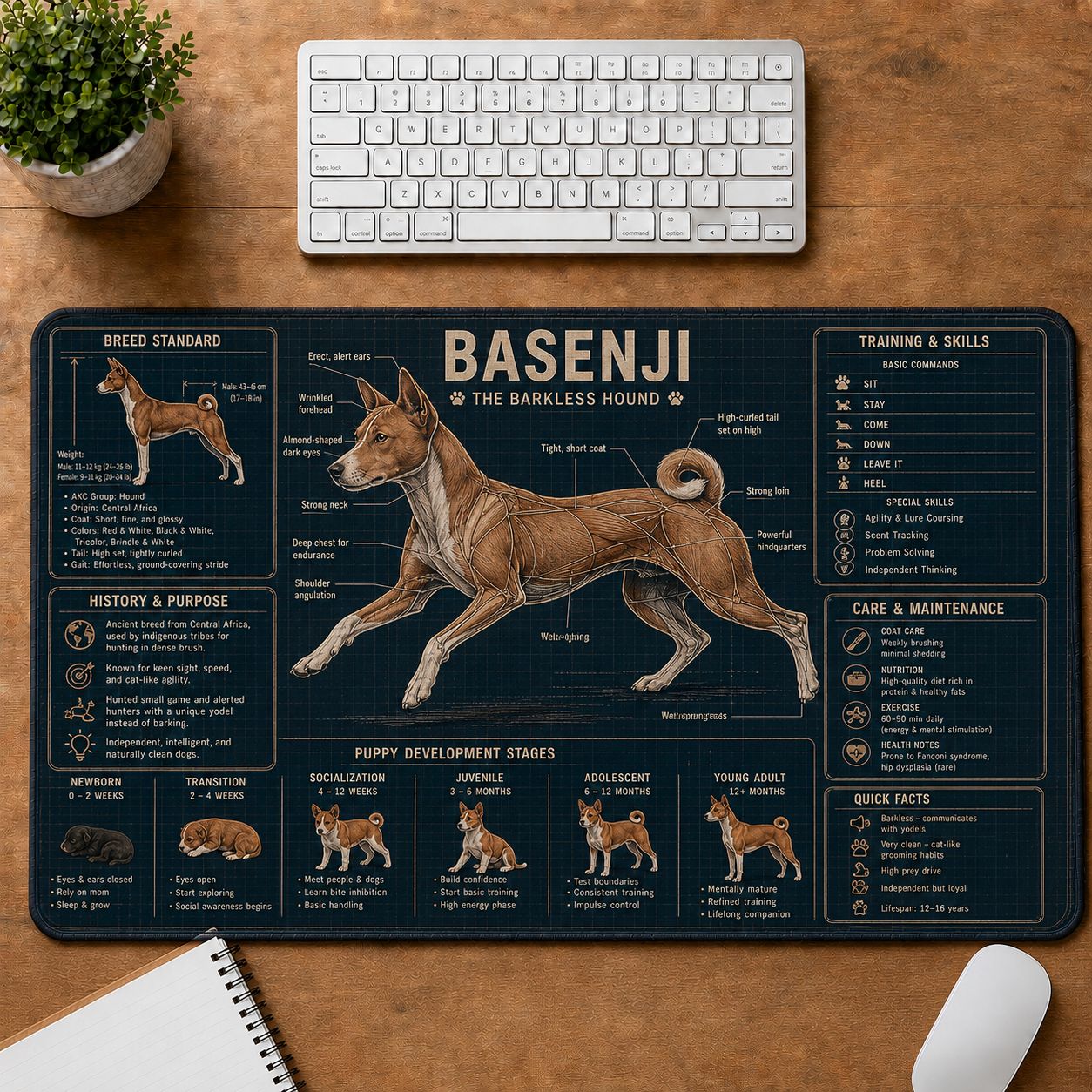 Basenji Dog Breed Visual Guide Desk Mat | 5To9Vibe