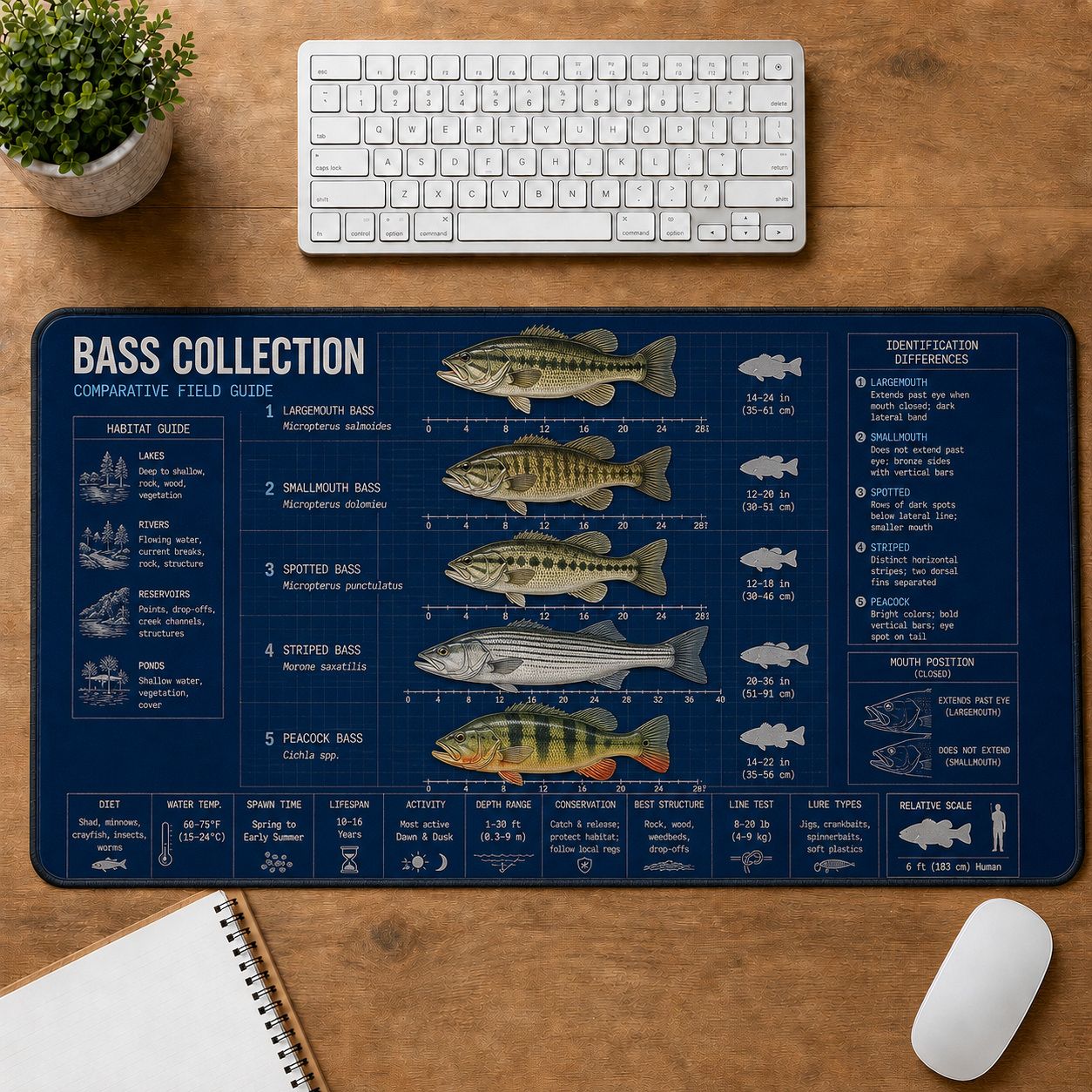 Bass Collection Fishing Field Guide Desk Mat | 5To9Vibe