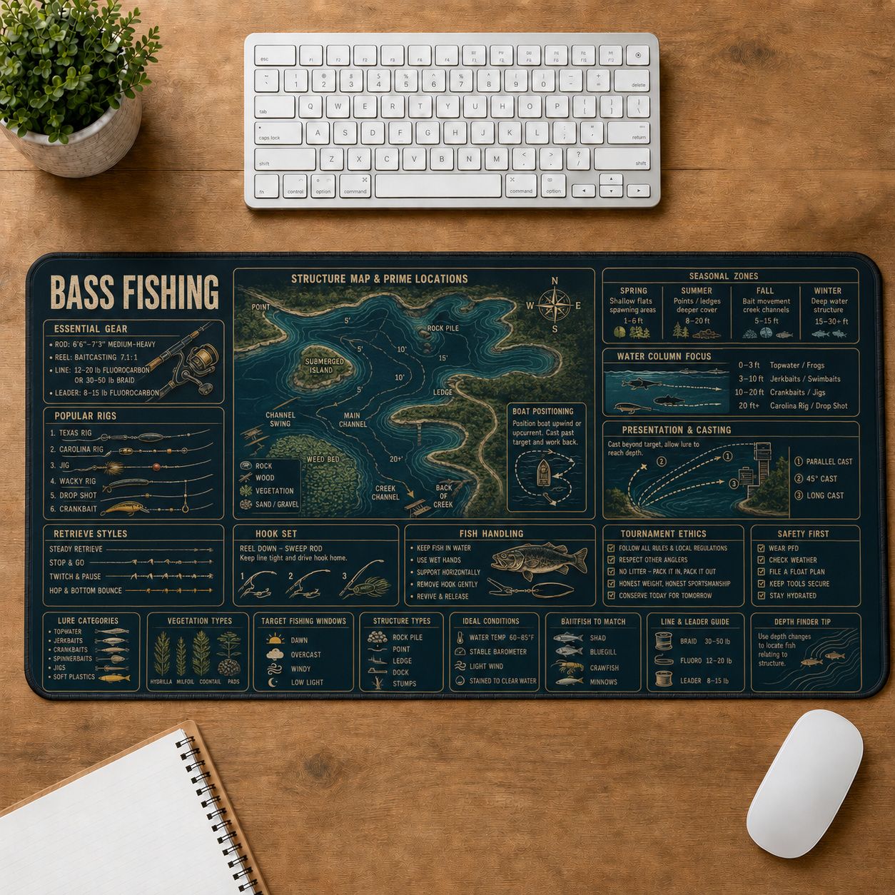 Bass Fishing Fishing Field Guide Desk Mat | 5To9Vibe