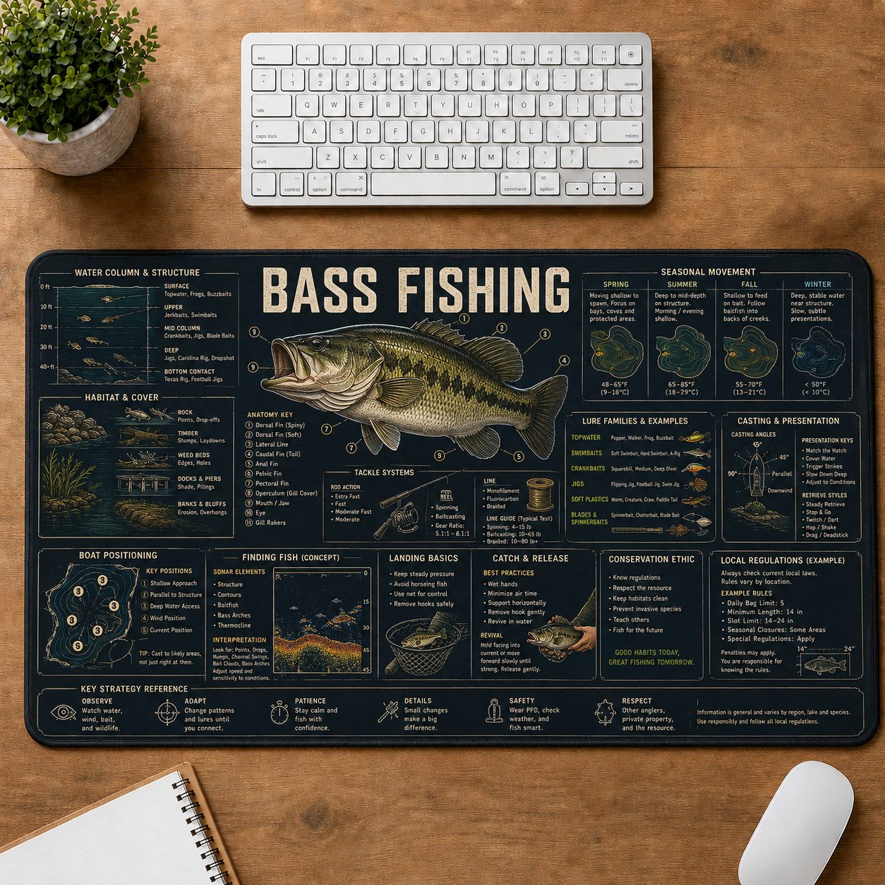 Bass Fishing Sports Visual Guide Desk Mat | 5To9Vibe