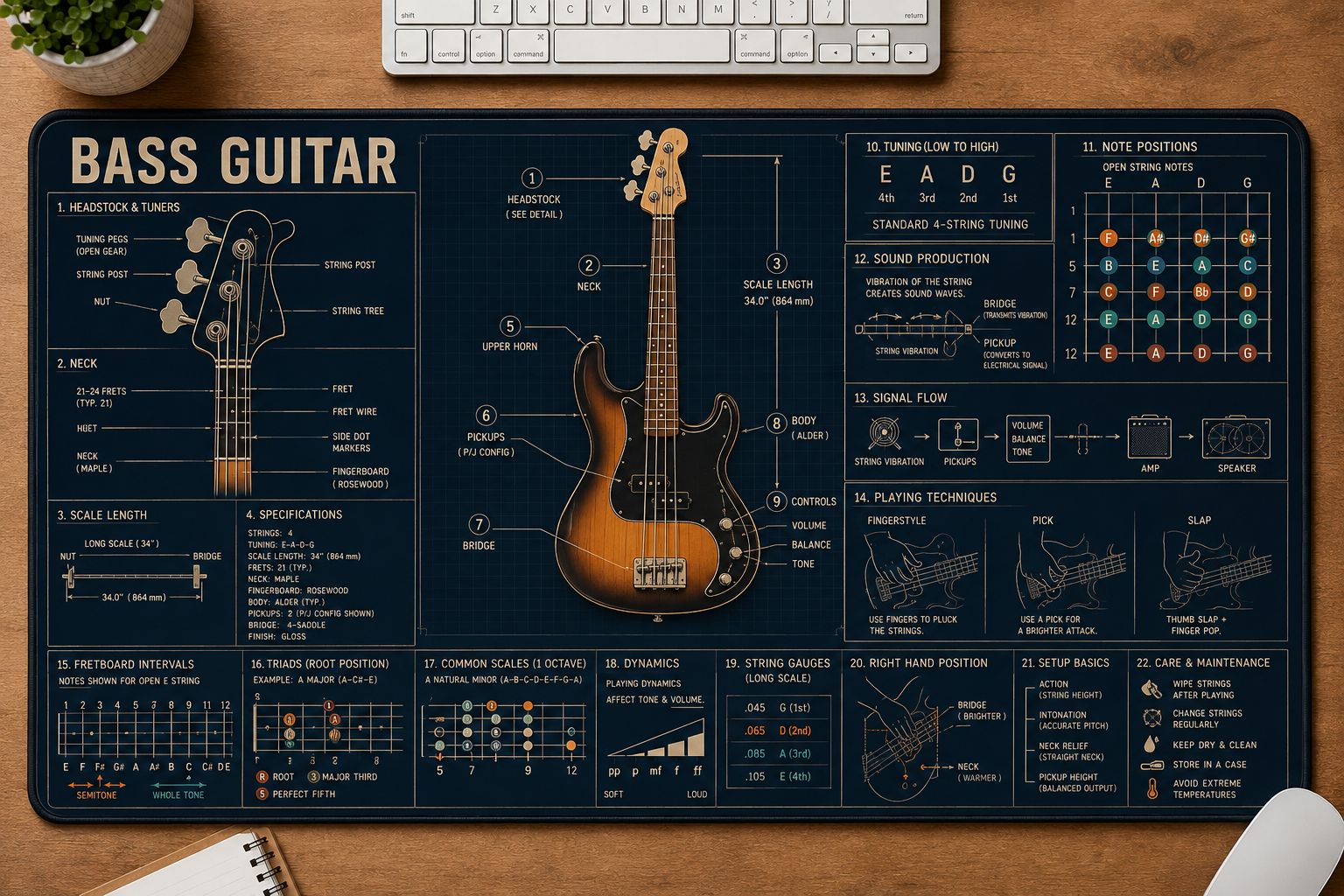 Bass Guitar Musical Instrument Blueprint Guide Desk Mat | 5To9Vibe