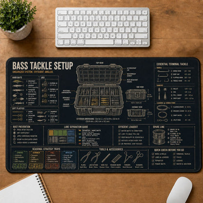 Bass Tackle Setup Fishing Field Guide Desk Mat | 5To9Vibe