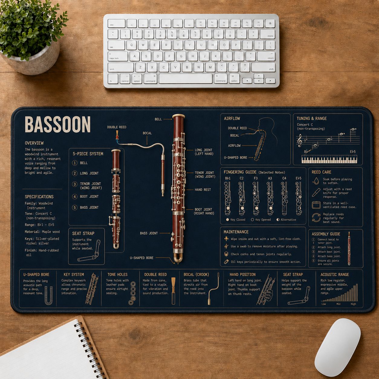 Bassoon Musical Instrument Blueprint Guide Desk Mat | 5To9Vibe