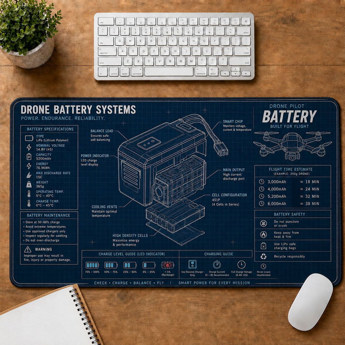 Drone Battery Systems Hobby Knowledge Blueprint Guide Desk Mat | 5To9Vibe
