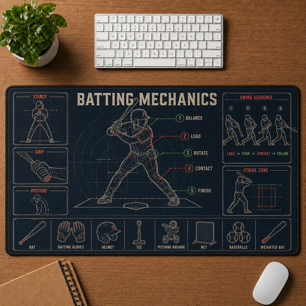 Batting Mechanics Baseball Blueprint Desk Mat | 5To9Vibe