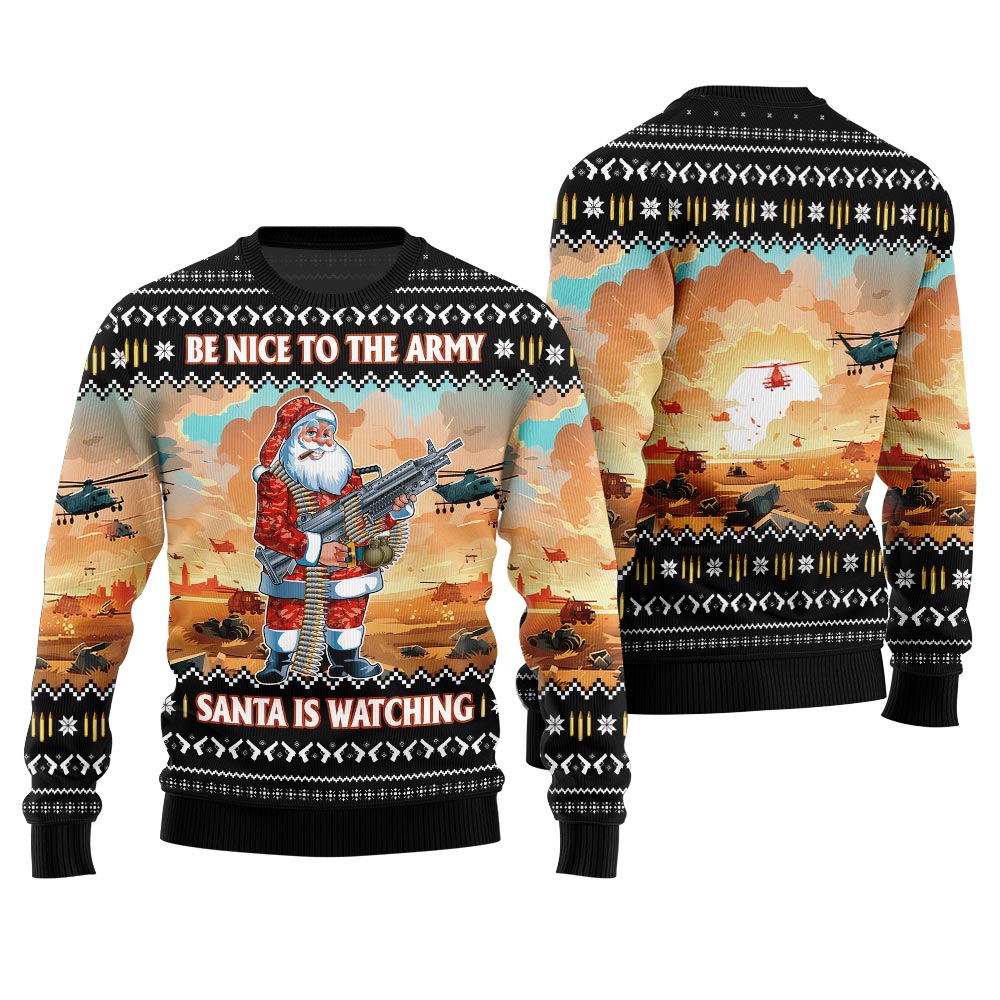 Funny Santa Be Nice To Army Officer Ugly Christmas Sweater Black