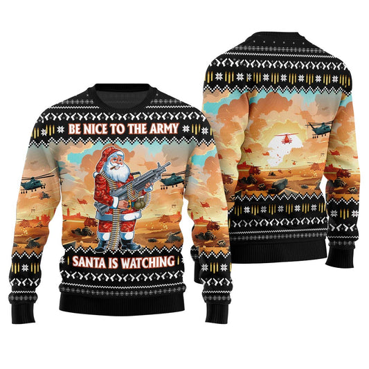 Funny Santa Be Nice To Army Officer Ugly Christmas Sweater Black