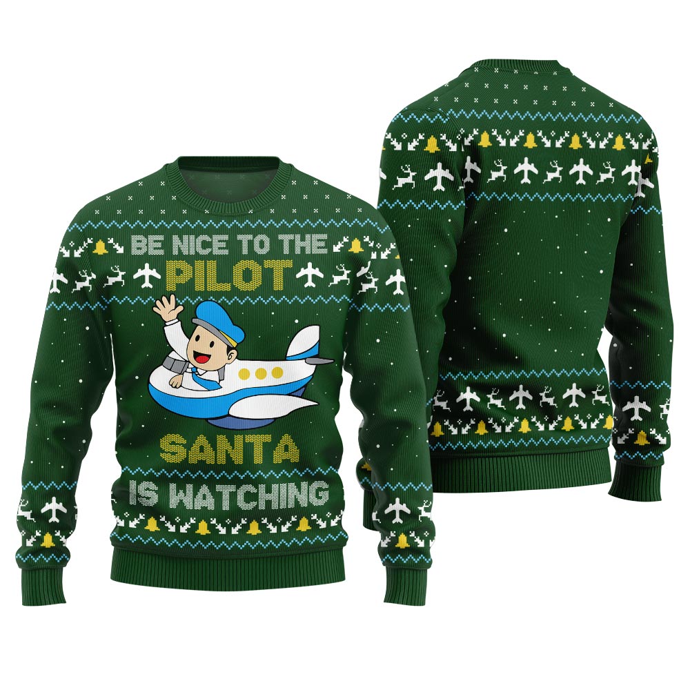 Be Nice To Pilot Funny Ugly Christmas Sweater Green