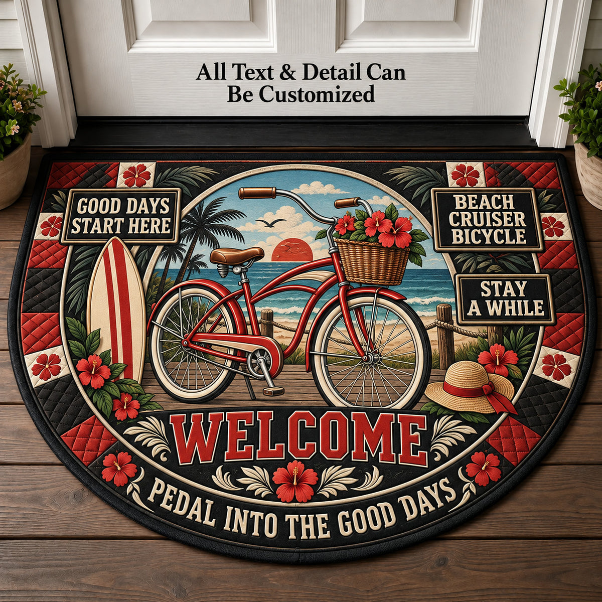 Beach Cruiser Bicycle Personalized Half Round Mat | 5To9Vibe