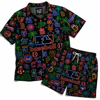 All Baseball Teams Neon Vintage Pattern Vibe Summer Party Button-Up Unisex Hawaiian Shirt For Men and Women