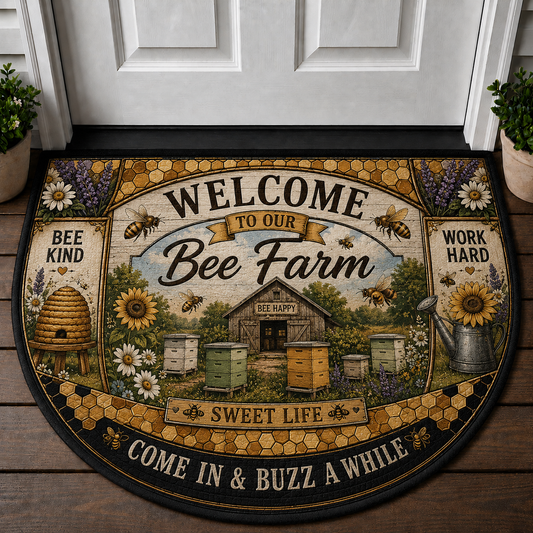 Welcome To Our Bee Farm Doormat - Come In & Buzz A While Honey Bee Welcome Mat - 5to9vibe