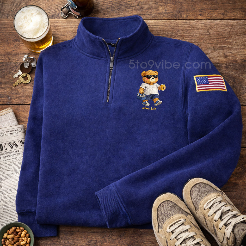 Beer Life Embroidered Quarter Zip Sweatshirt, Funny Bear Drinking Beer Pullover, Men's Casual Zip Up Jacket, Gift for Beer Lover Dad