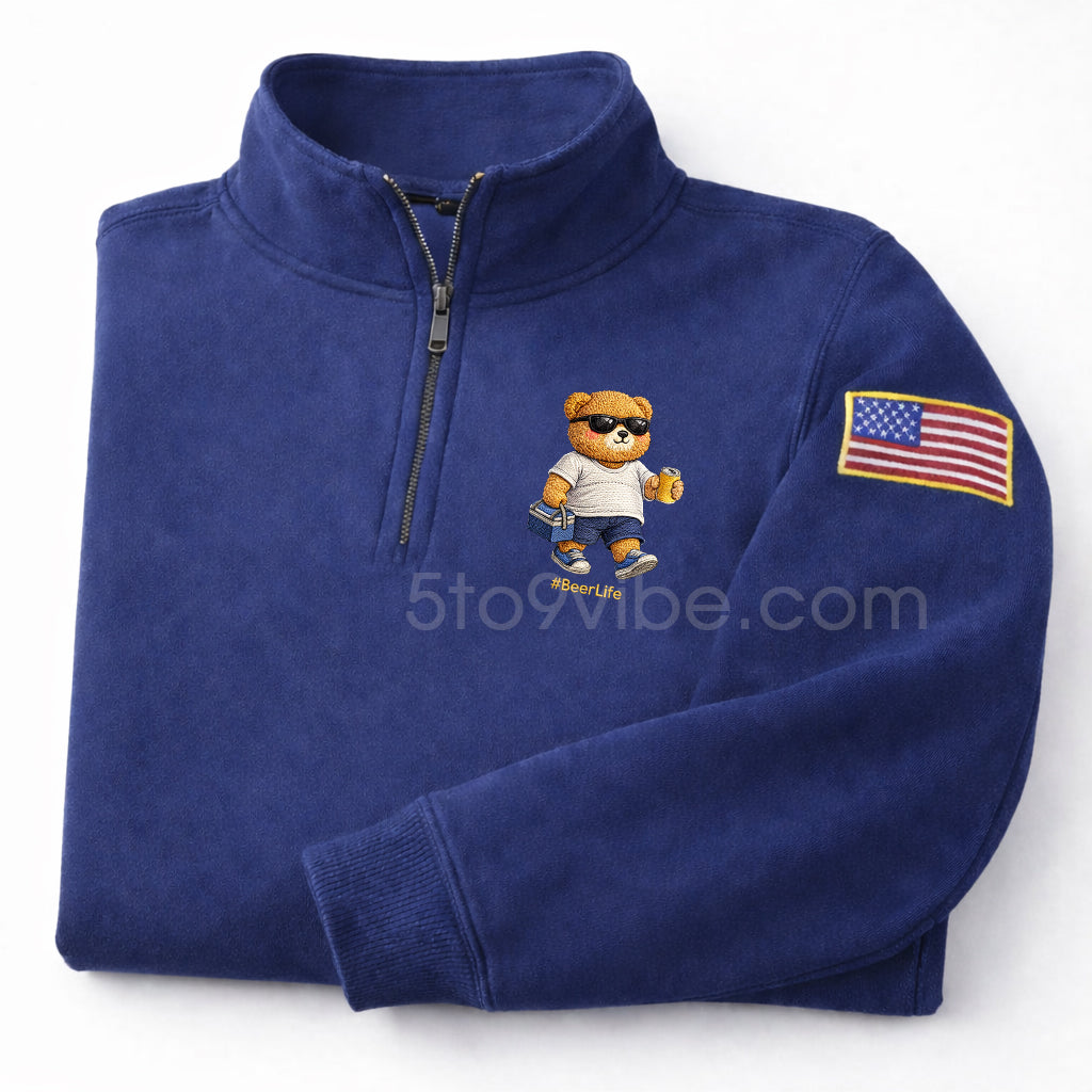 Beer Life Embroidered Quarter Zip Sweatshirt, Funny Bear Drinking Beer Pullover, Men's Casual Zip Up Jacket, Gift for Beer Lover Dad