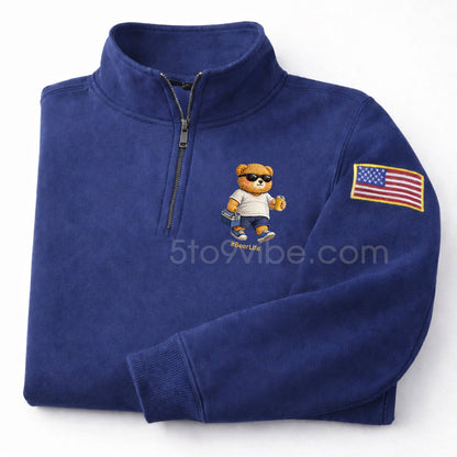 Beer Life Embroidered Quarter Zip Sweatshirt, Funny Bear Drinking Beer Pullover, Men's Casual Zip Up Jacket, Gift for Beer Lover Dad