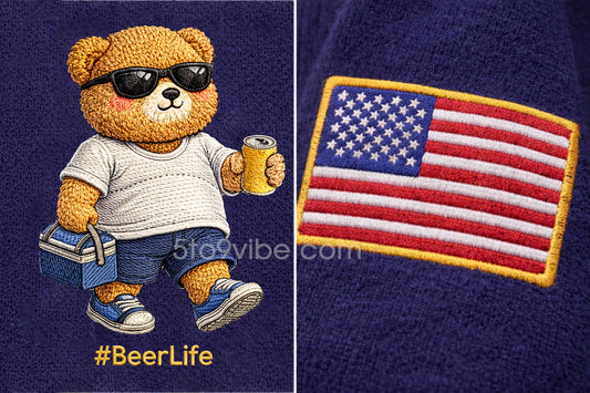 Beer Life Embroidered Quarter Zip Sweatshirt, Funny Bear Drinking Beer Pullover, Men's Casual Zip Up Jacket, Gift for Beer Lover Dad