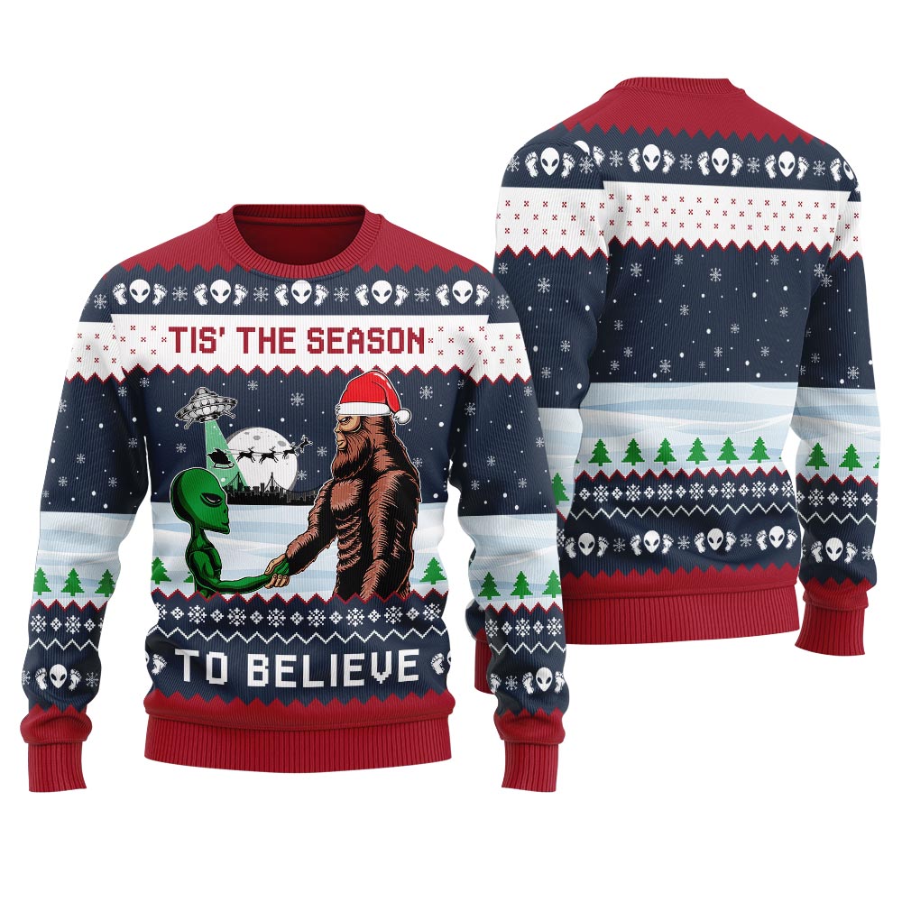 Bigfoot And UFO Christmas Sweater Men