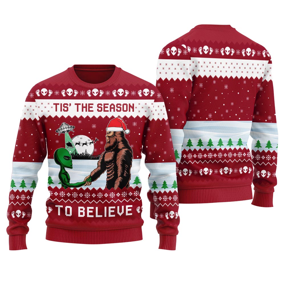 Bigfoot And UFO Christmas Sweater Men