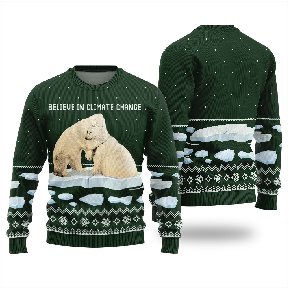 Believe in Climate Change Polar Bear Ugly Holiday Sweater