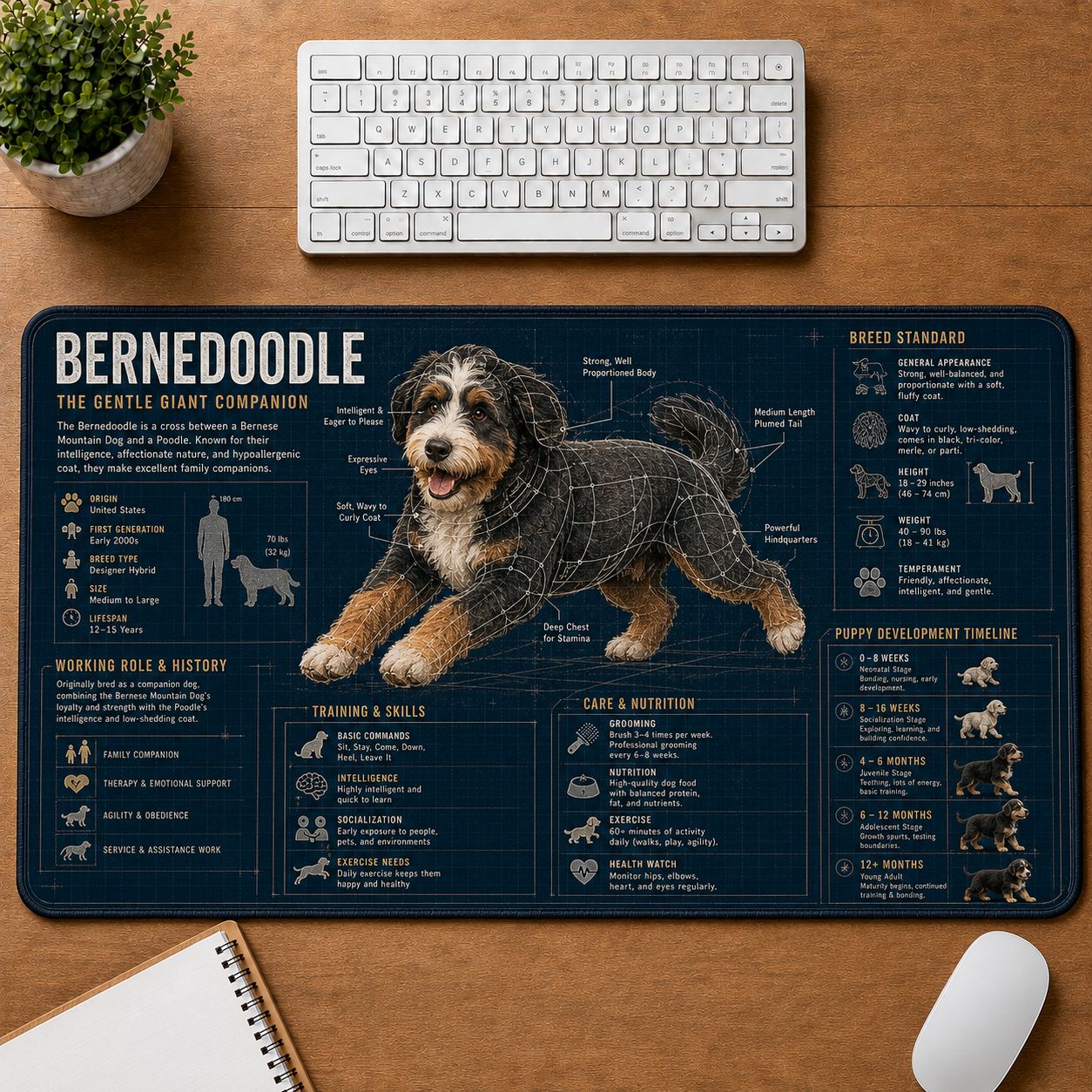 Bernedoodle Dog Breed Visual Guide Desk Mat | 5To9Vibe