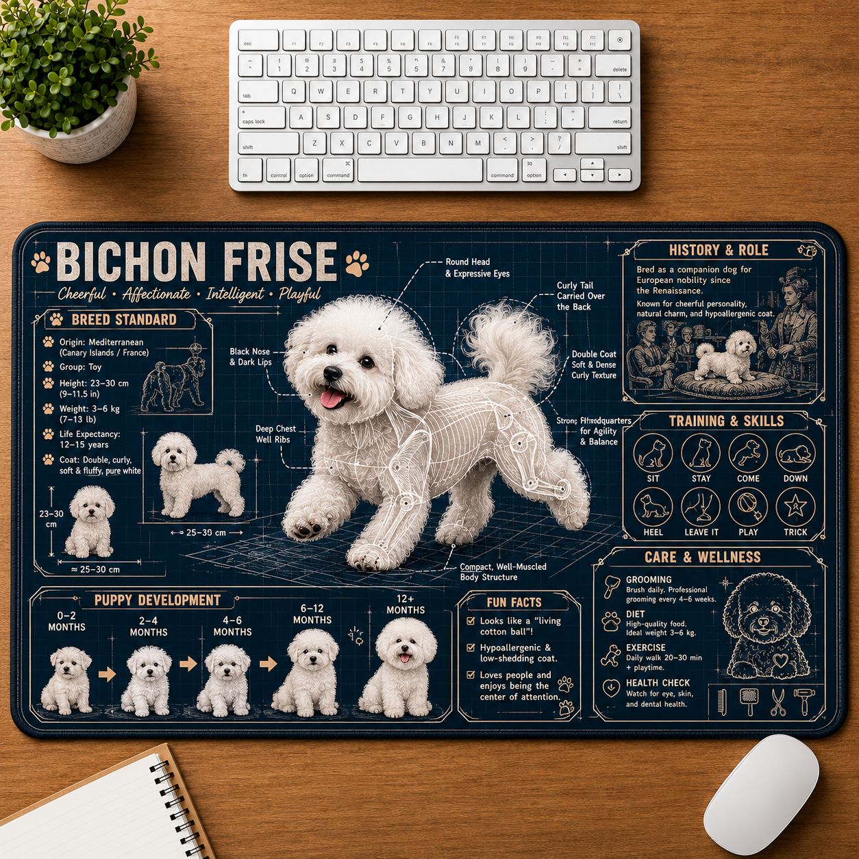 Bichon Frise Dog Breed Visual Guide Desk Mat | 5To9Vibe