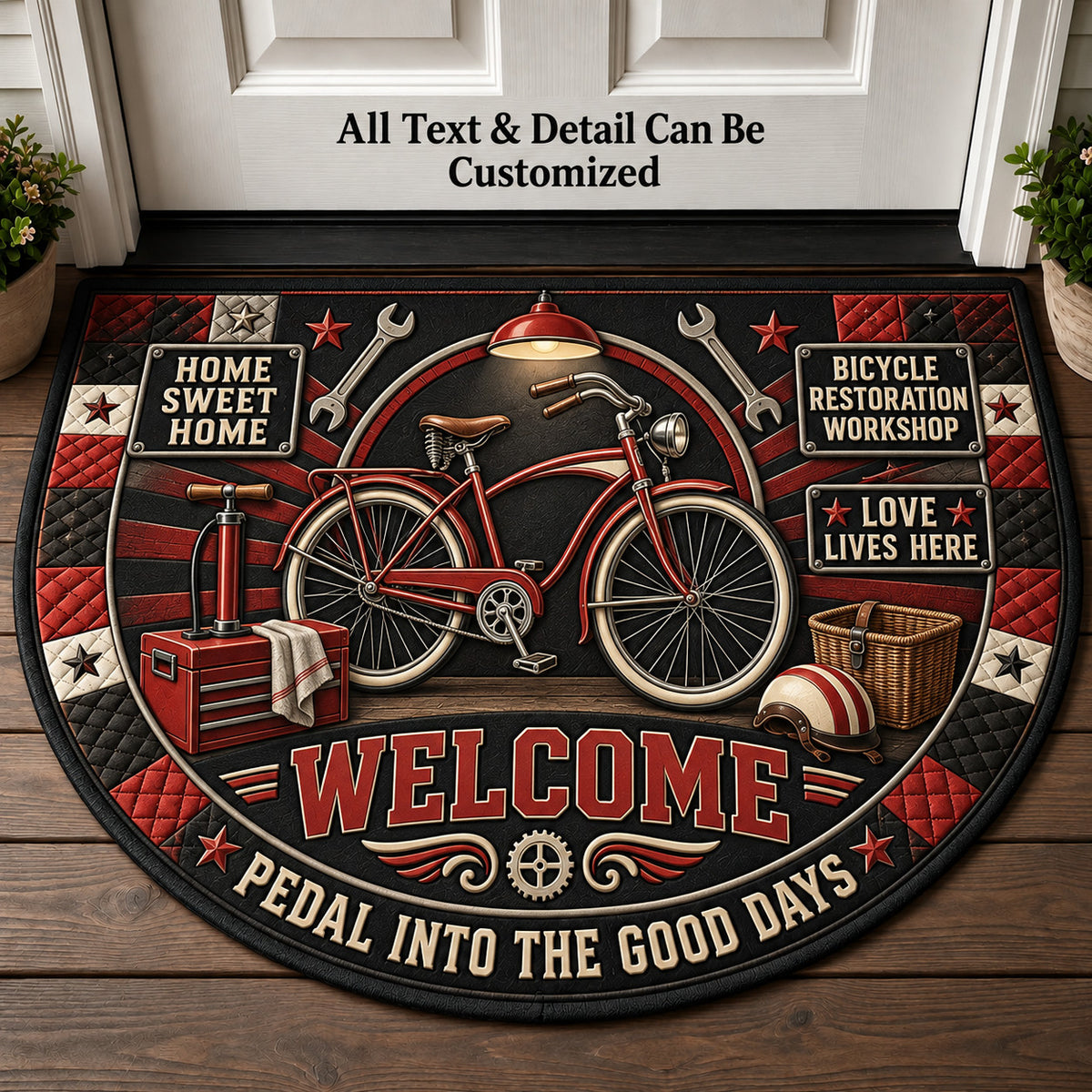Bicycle Restoration Workshop Personalized Half Round Mat | 5To9Vibe