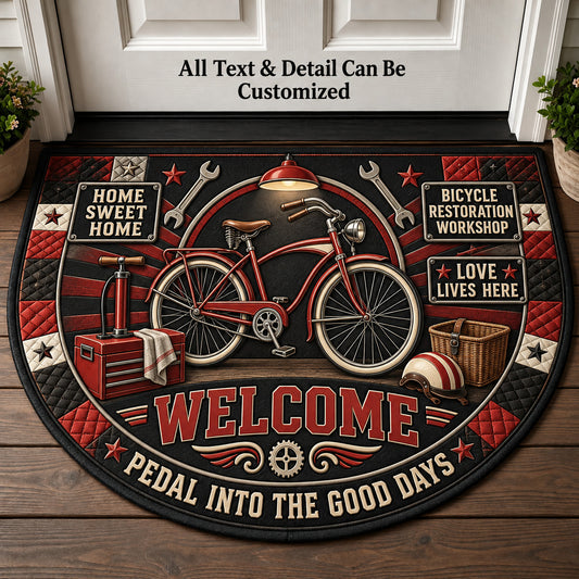 Bicycle Restoration Workshop Personalized Half Round Mat | 5To9Vibe