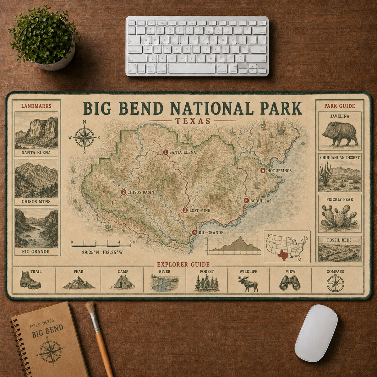 Big Bend National Park Vintage Topographic Park Map Explorer Guide Desk Mat | 5To9Vibe