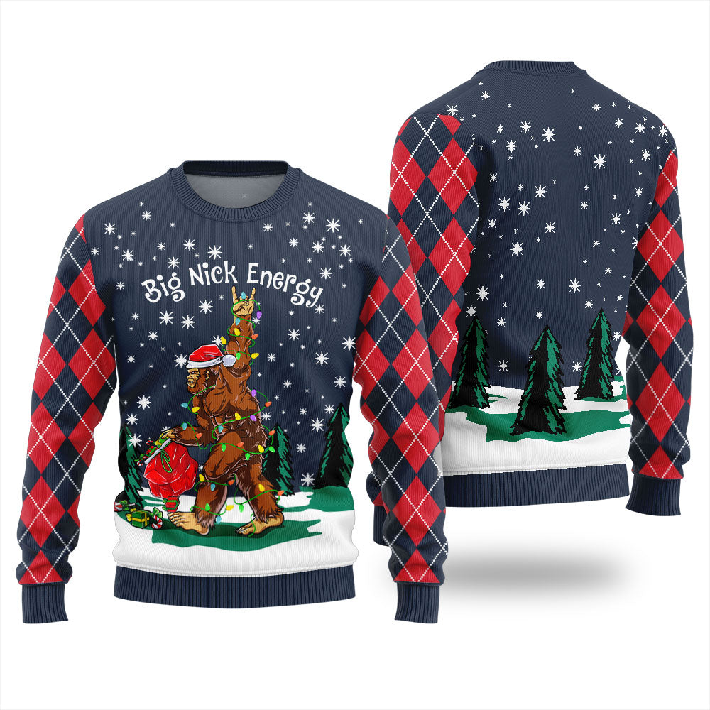 Big Nick Bigfoot Energy Ugly Christmas Sweater