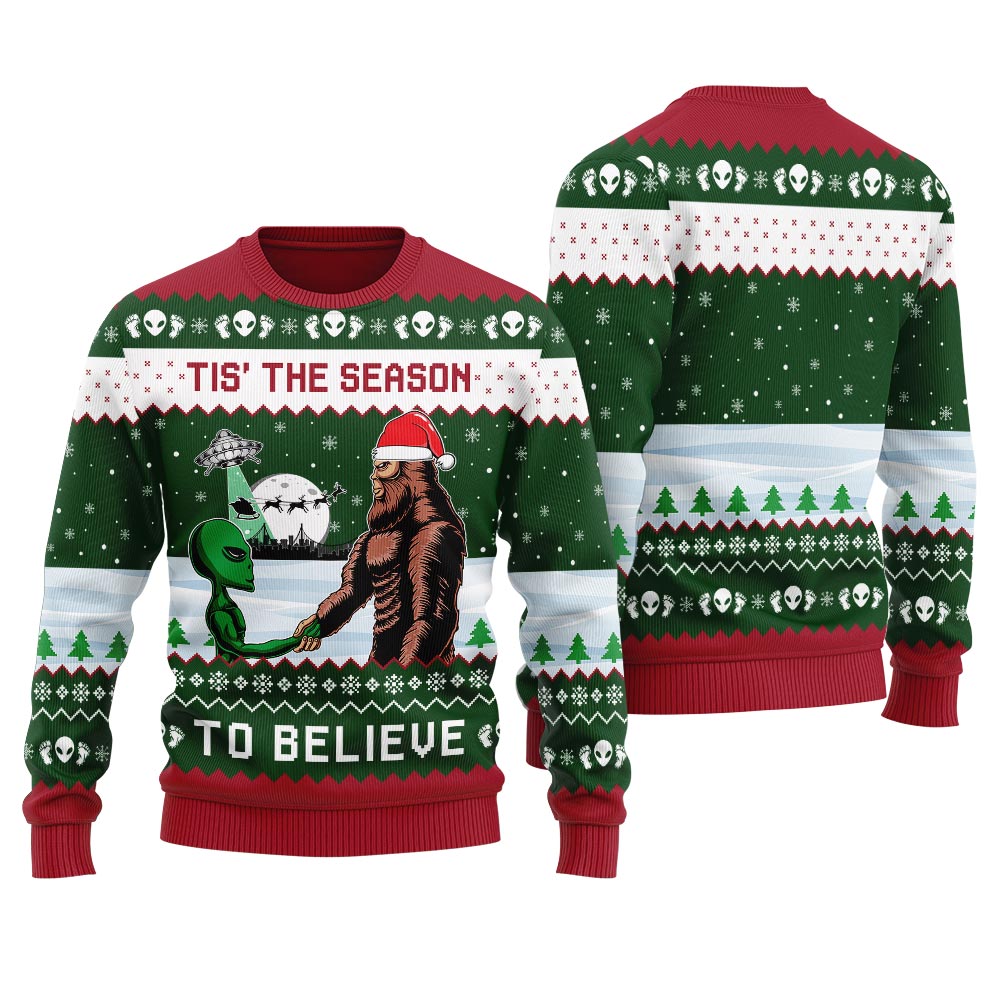 Bigfoot And UFO Christmas Sweater Men