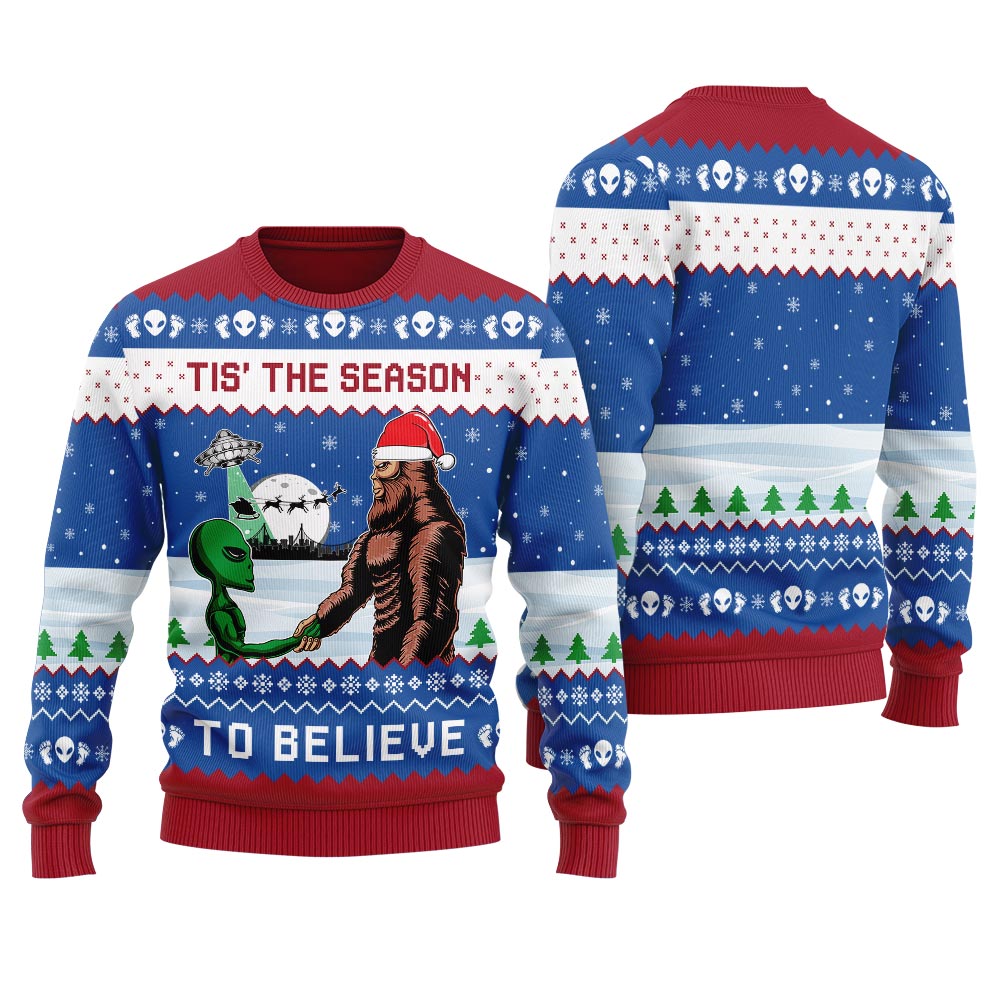 Bigfoot And UFO Christmas Sweater Men