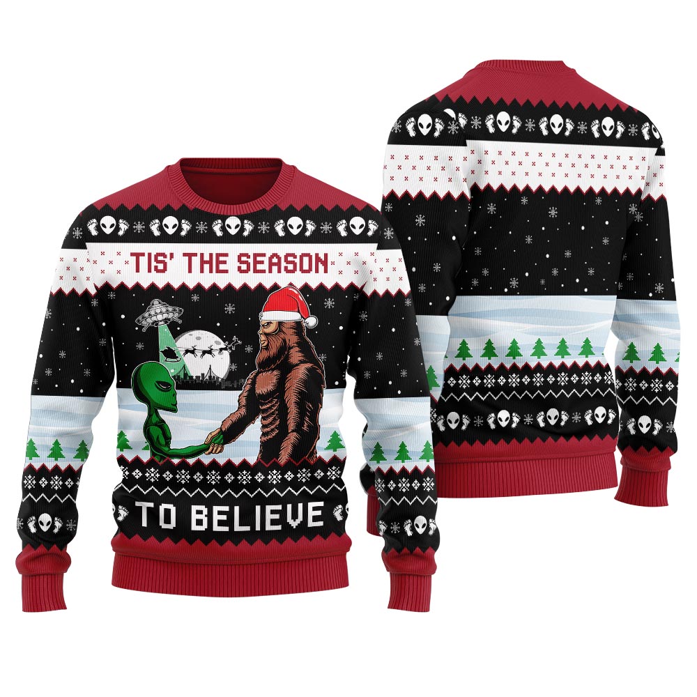 Bigfoot And UFO Christmas Sweater Men