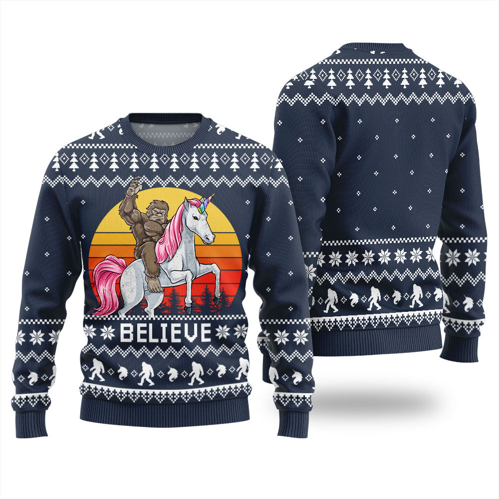 Bigfoot Believe Unicorn Ugly Christmas Sweater For Women