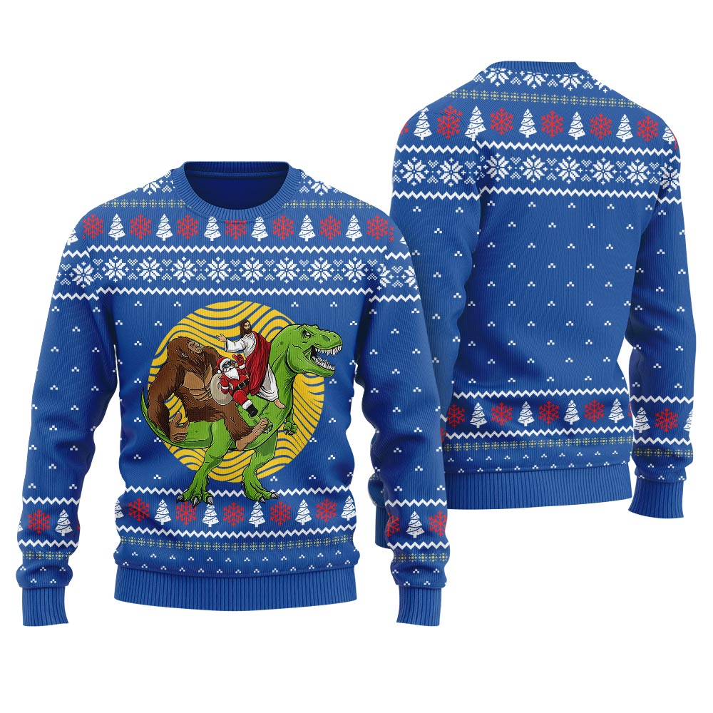 Bigfoot Jesus Santa Riding Dinosaur Mens Christmas Sweater