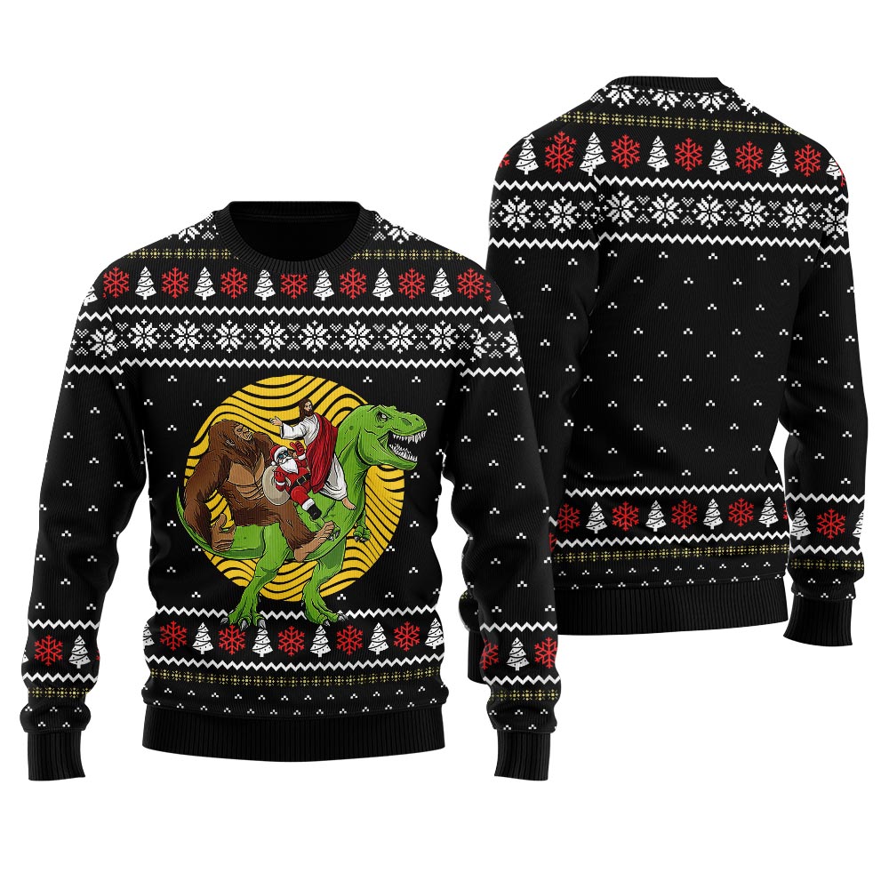Bigfoot Jesus Santa Riding Dinosaur Mens Christmas Sweater