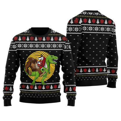 Bigfoot Jesus Santa Riding Dinosaur Mens Christmas Sweater