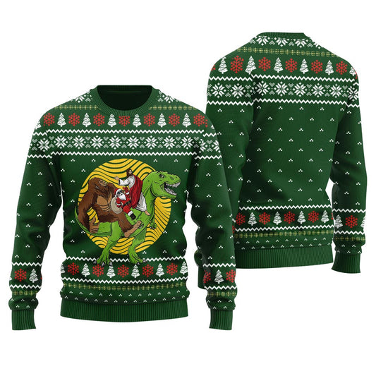Bigfoot Jesus Santa Riding Dinosaur Mens Christmas Sweater