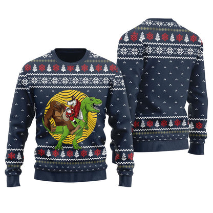Bigfoot Jesus Santa Riding Dinosaur Mens Christmas Sweater