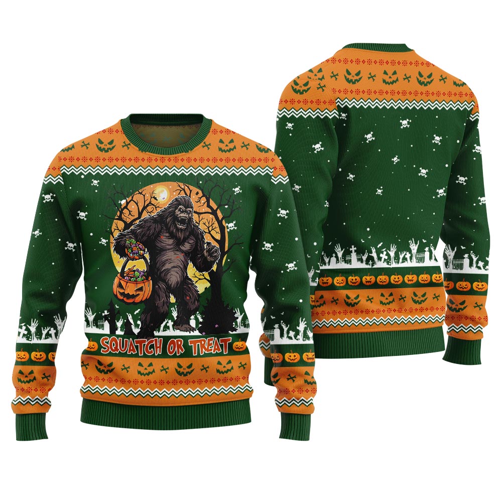 Bigfoot Squatch Or Treat Halloween Sweater Forest Green