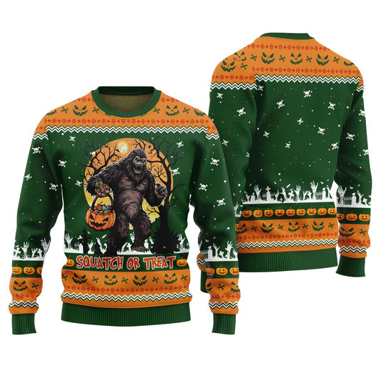 Bigfoot Squatch Or Treat Halloween Sweater Forest Green