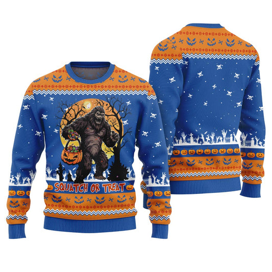 Bigfoot Squatch Or Treat Ugly Halloween Sweater Royal