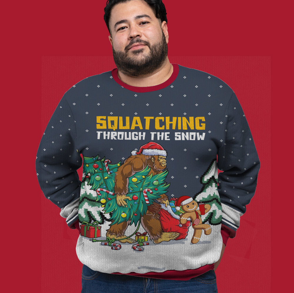 Bigfoot Squatching Through The Snow Big And Tall Ugly Christmas Sweater Navy