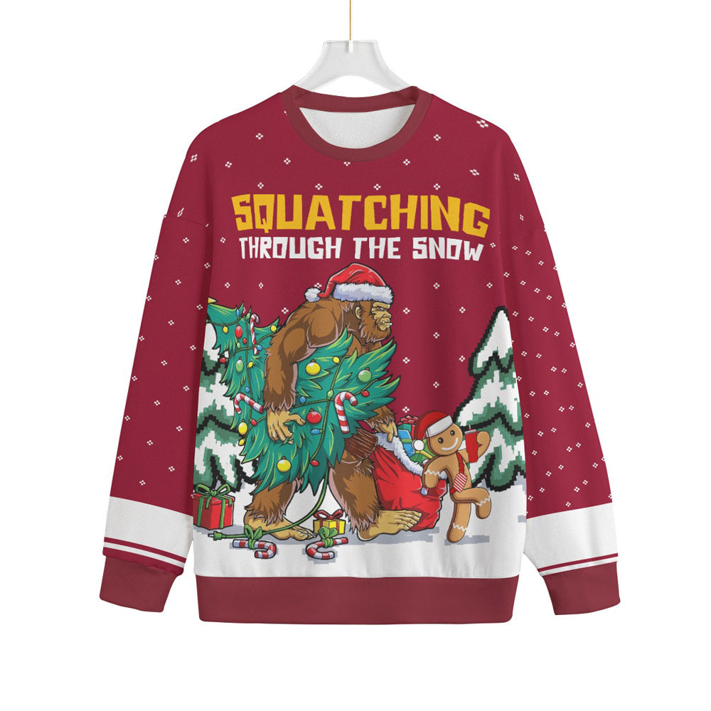 Bigfoot Squatching Through The Snow Red Big And Tall Ugly Christmas Sweater
