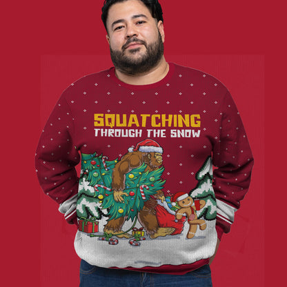 Bigfoot Squatching Through The Snow Red Big And Tall Ugly Christmas Sweater